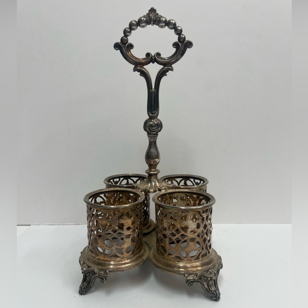 Elkington Silver plate Cruet Set Carousel Condiment Caddy 4 Spots Stamp Antique